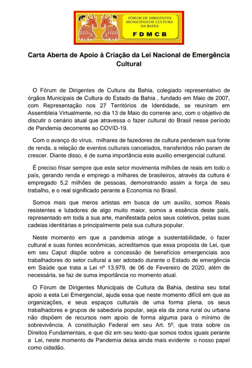 Superintendente de Cultura de Bom Jesus da Lapa é voz ativa em prol da Lei Nacional de Emergência Cultural